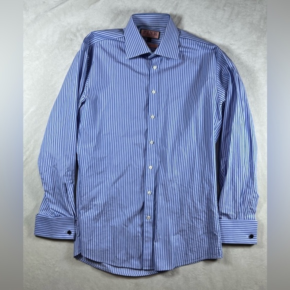 Men’s Thomas Pink 15.5 Slim Fit Spread Collar Blue Stripe Dress Shirr EUC - Picture 1 of 9